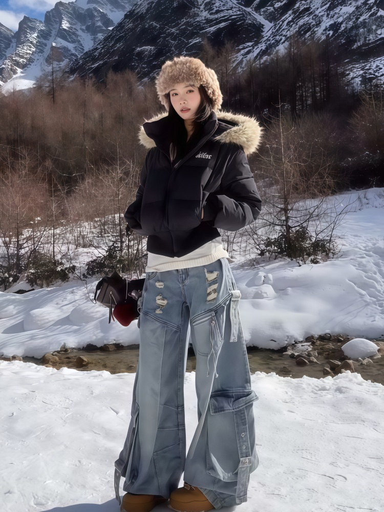 美式复古大毛领短款棉服女2025冬季新款设计小个子显瘦棉衣外套