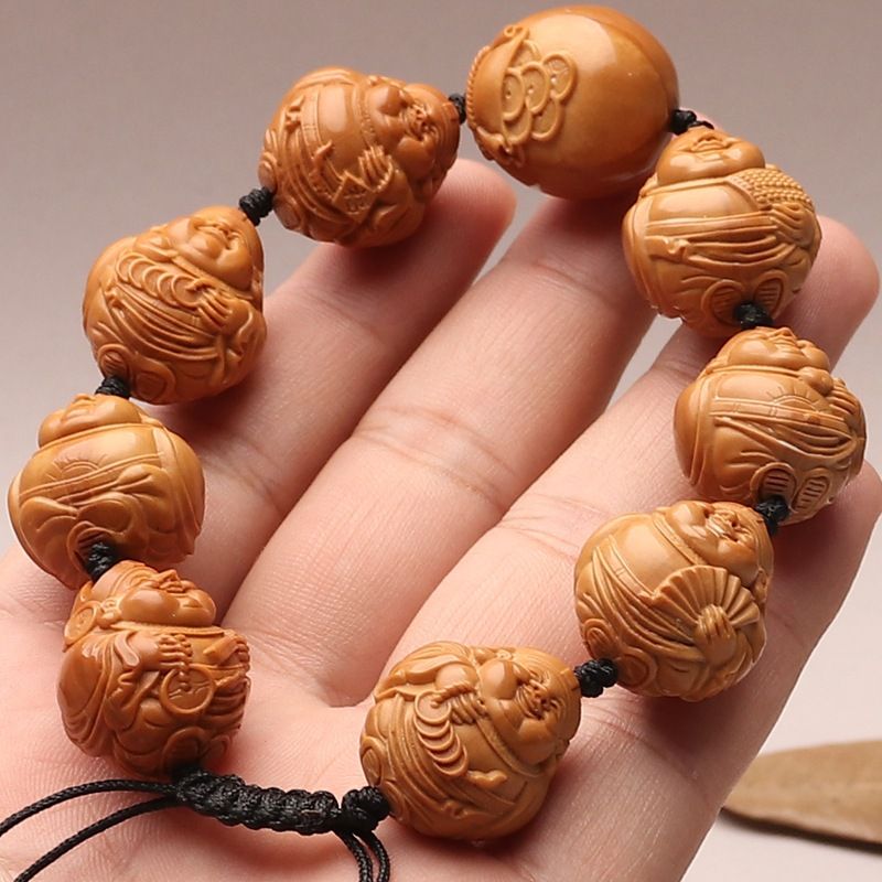 手工八大财神橄榄核雕水晶核老料核手串财神爷大籽橄榄胡1.9x2.1