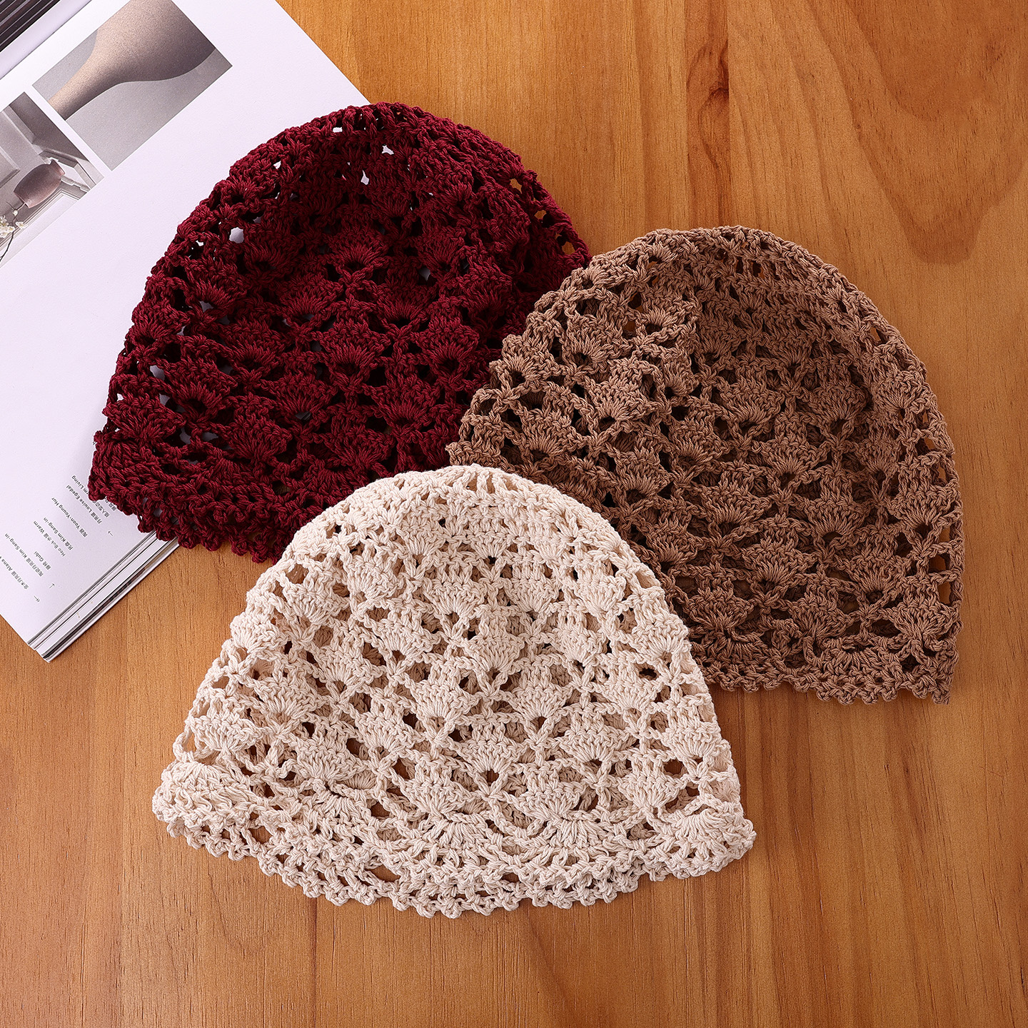 手工编织镂空透气套头帽子女春秋夏天时尚蕾丝花边薄款包头针织帽