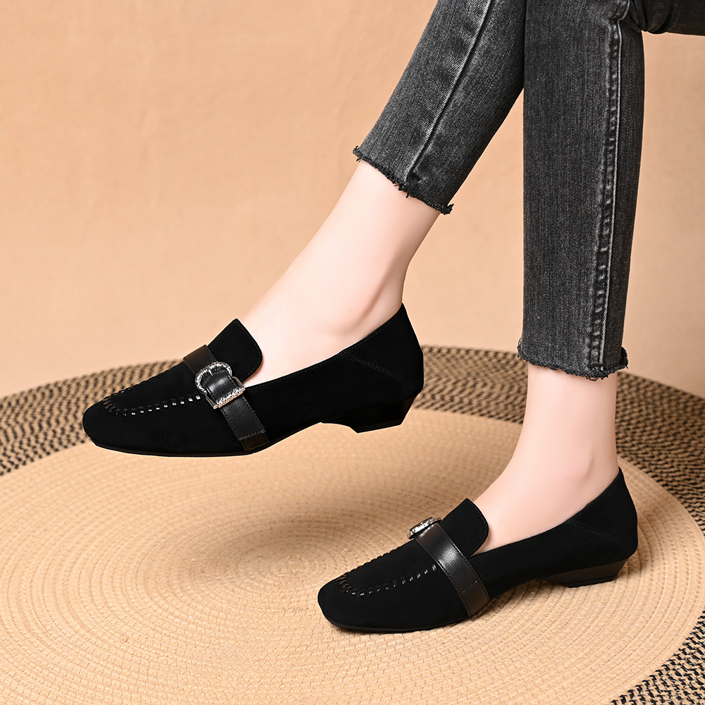 软皮巨好穿时尚百搭懒人豆豆鞋复古皮带扣平底单鞋一脚蹬女乐福鞋