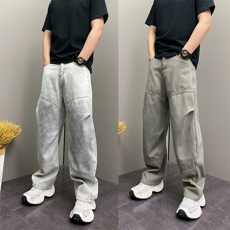 冬季新款美式渐变休闲拖地裤男士2025加绒宽松阔腿脏脏痞帅牛仔裤
