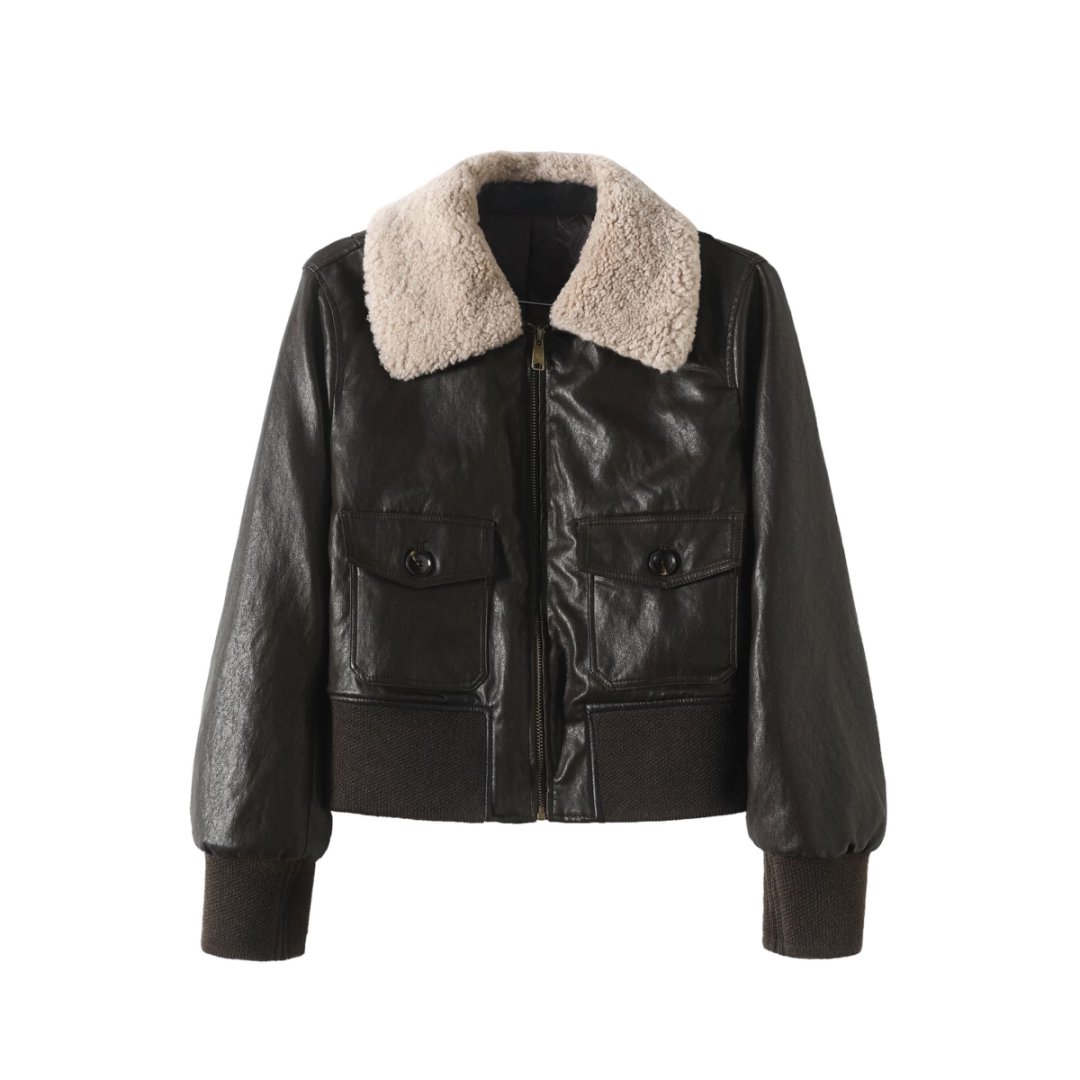 2025冬明星同款复古美式绵羊皮短款毛领皮衣外套SJX-SMY