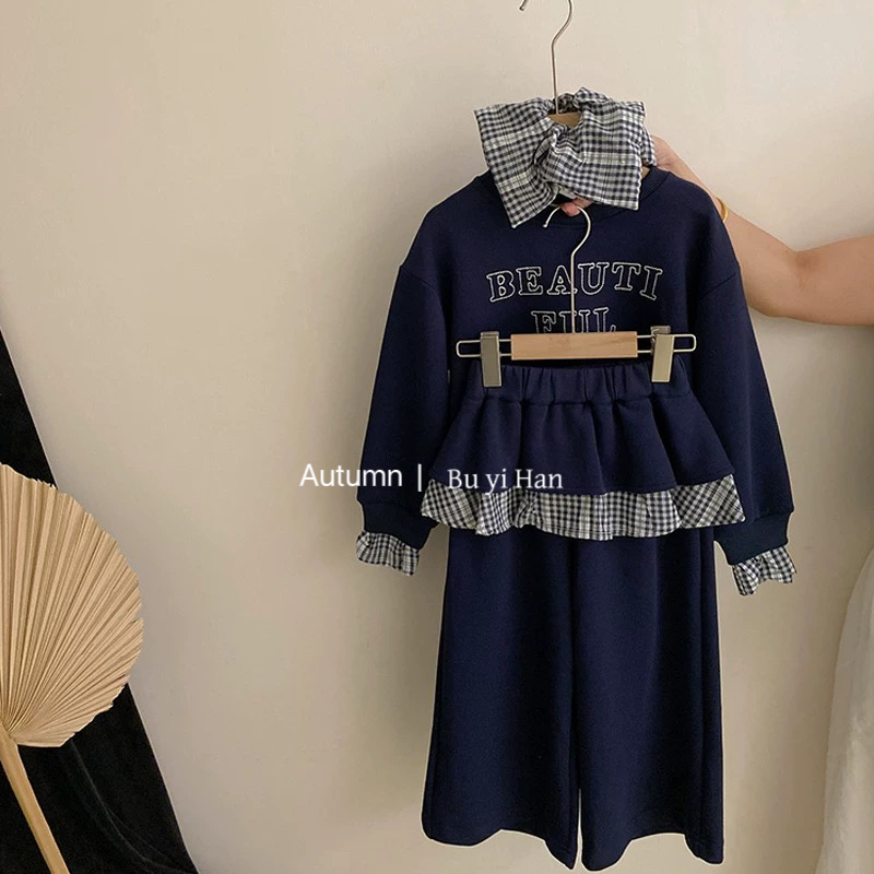 [带发圈]2025秋新款韩版女童卫衣套装格子拼接字母上衣休闲三件套