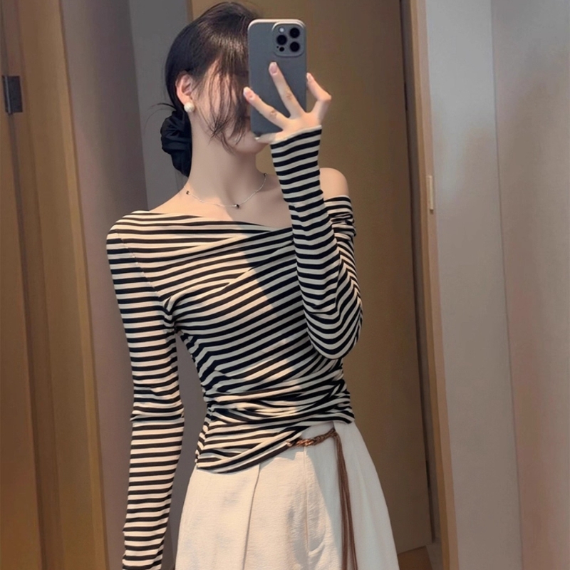 韩系不规则条纹斜肩长袖t恤女早秋季不撞款修身显瘦漂亮掐腰上衣