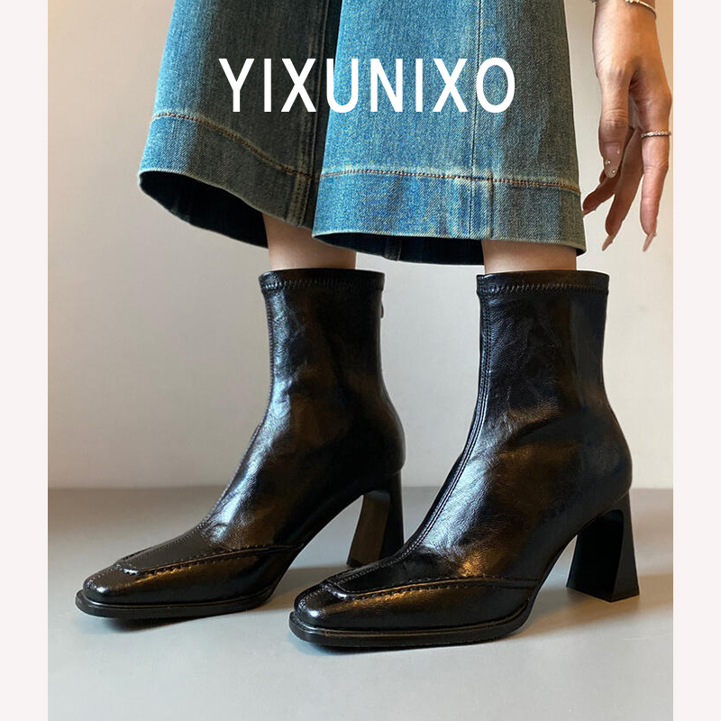 羊皮版~通勤高跟瘦瘦靴女复古粗跟显瘦弹力靴后拉链软皮短靴百搭