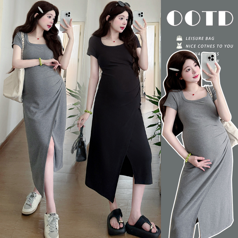 孕妇装显瘦气质中长款短袖T恤裙女夏新款2025气质修身收腰连衣裙