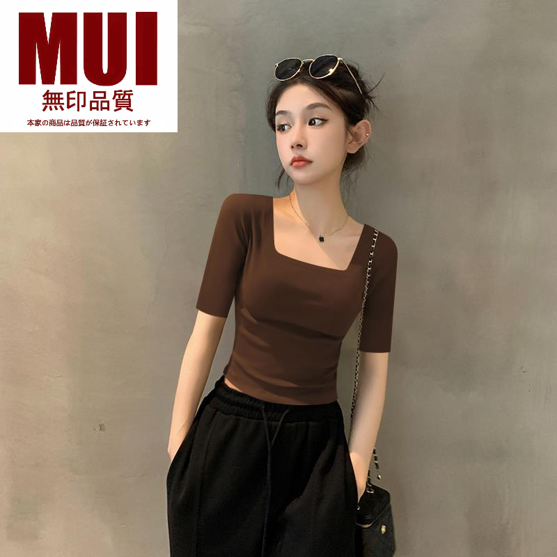 日本无印品质2024新款夏季美式复古咖色方领中袖T恤女五分袖针织