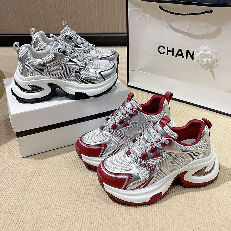 春秋季厚底女新款网面百搭银色增高休闲运动鞋老爹鞋潮鞋子女鞋