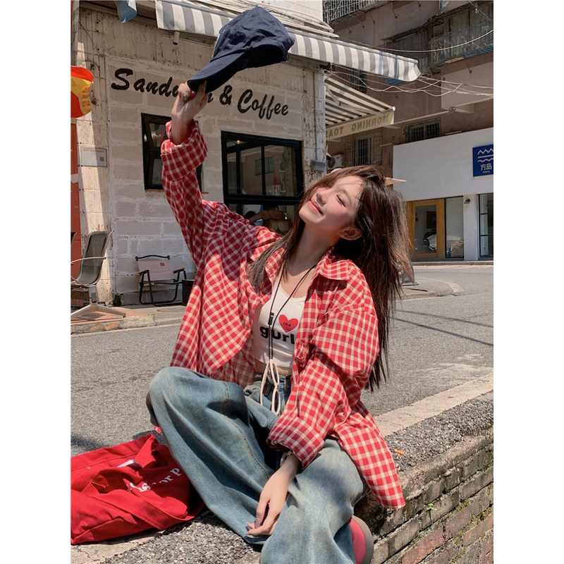 2025春夏韩版时尚休闲红色格子辣妹小众设计感衬衫上衣衬衣女