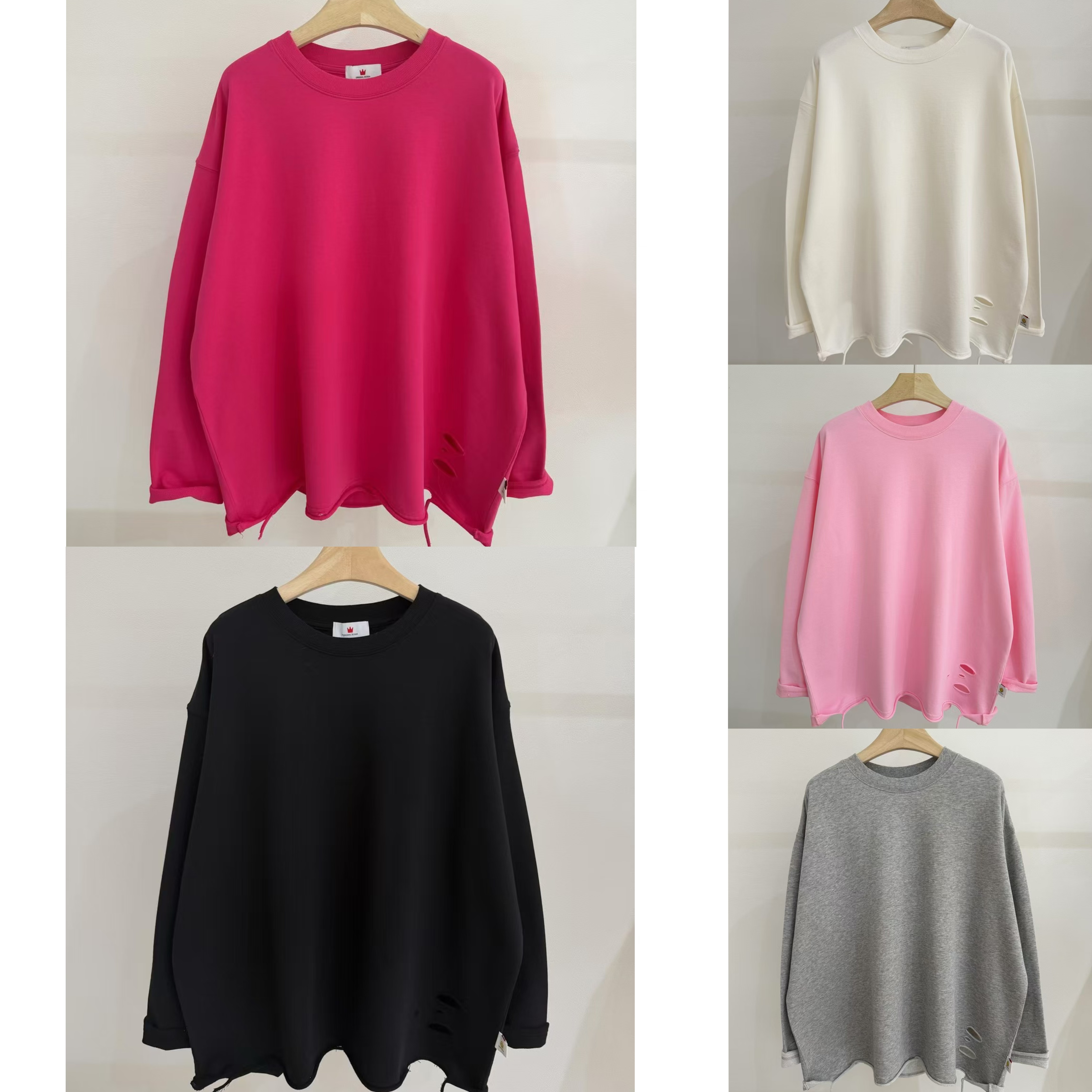 HG976早春新款韩版净版圈圈棉破洞宽松休闲圆领长袖T恤打底衫女