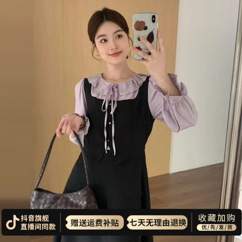 法式气质荷叶边长袖连衣裙子女早秋新款高级感高级感修身显瘦长裙