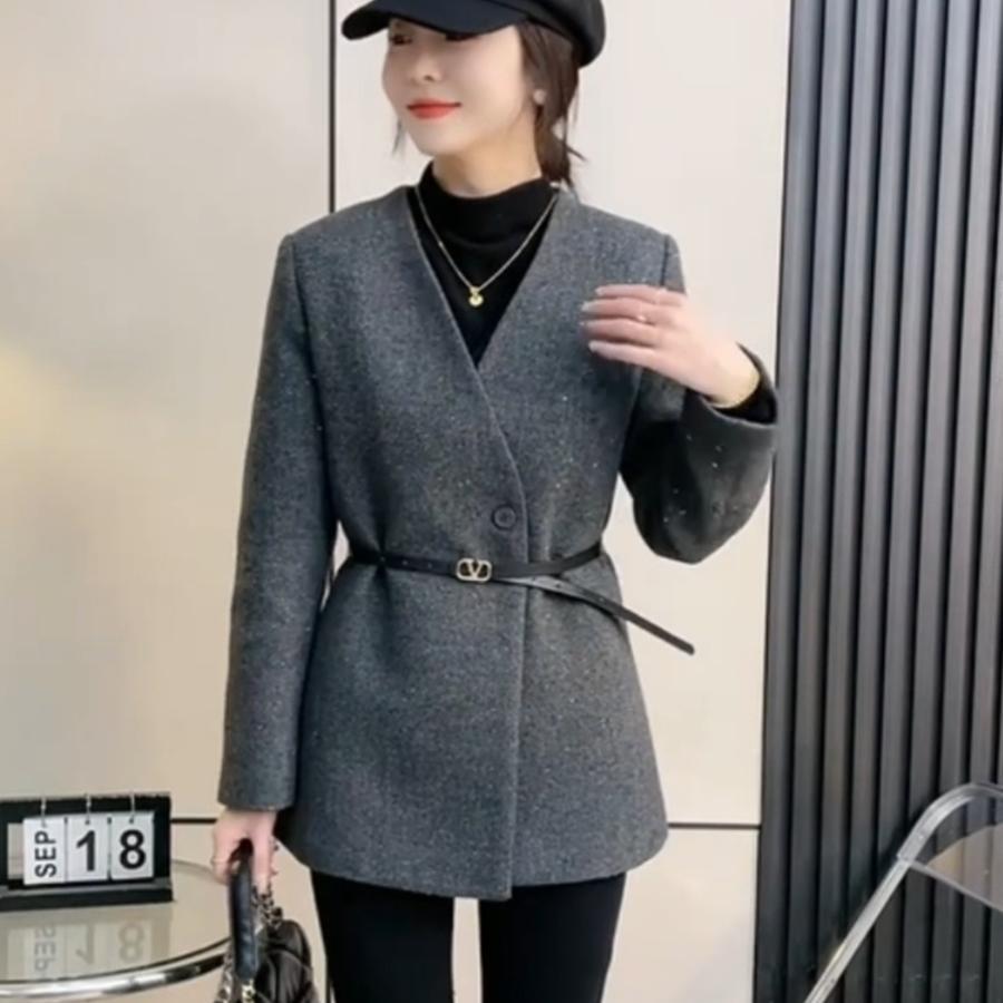 满天星毛呢夹棉外套女2024秋冬v领韩版收腰显瘦西服小个子气质潮