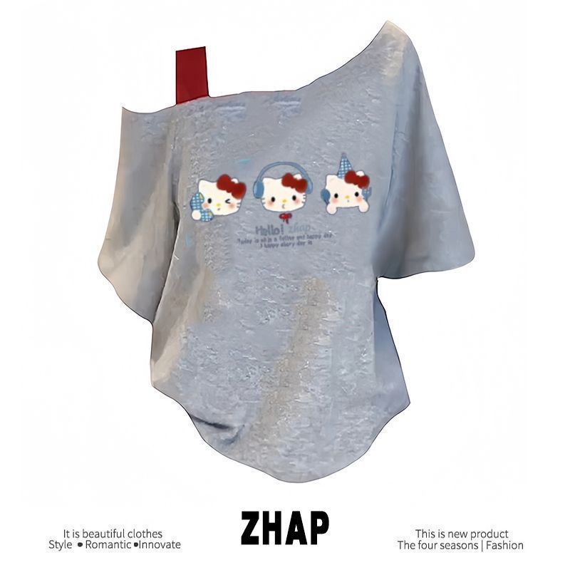 【ZHAP】新款单肩露肩吊带宽松短袖t恤女浅灰色吊带夏季外穿kitty猫