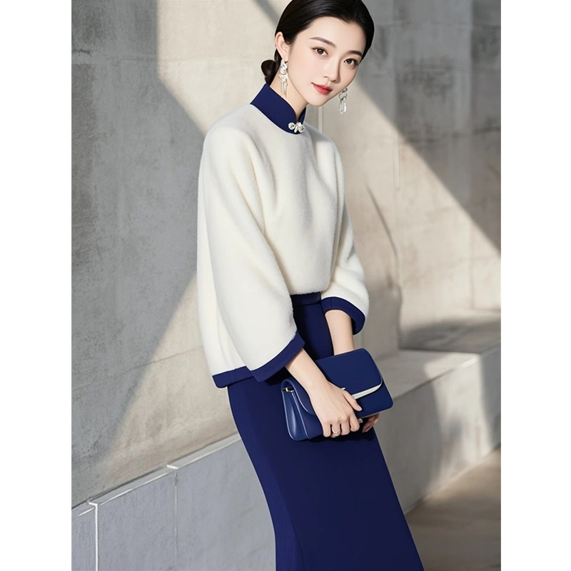 秋冬季搭配好看减龄洋气小香风白色毛衣高腰半身裙两件套装女
