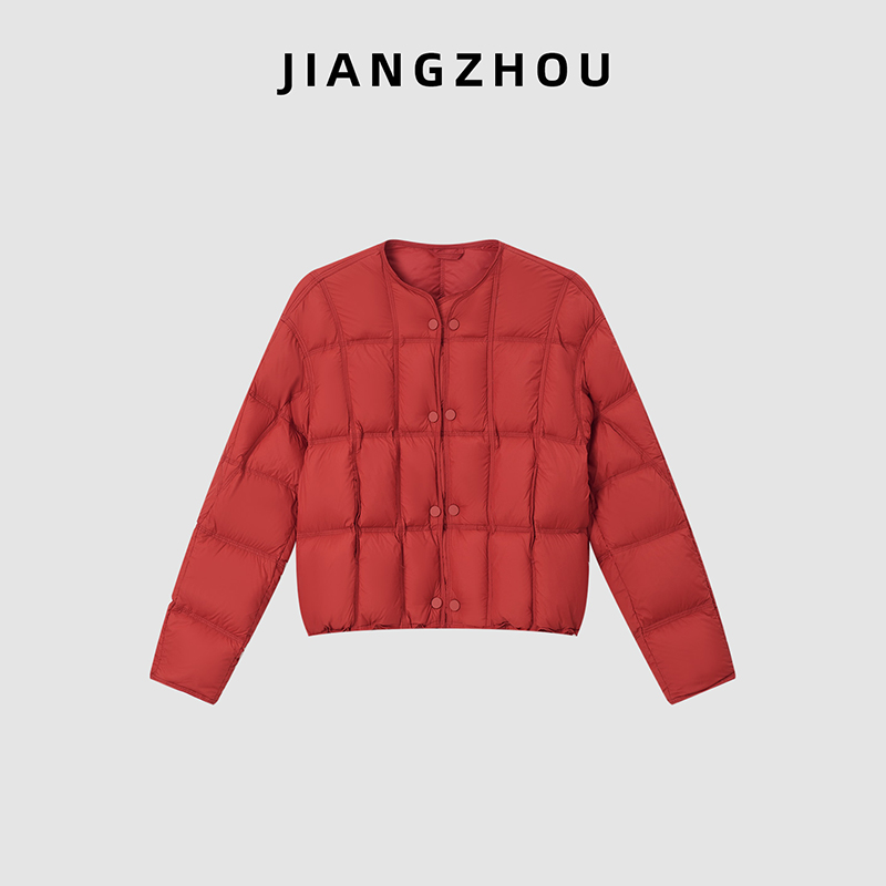 江洲【焙红】冬季新款圆领豆腐块保暖短款轻便百搭时尚红色外套