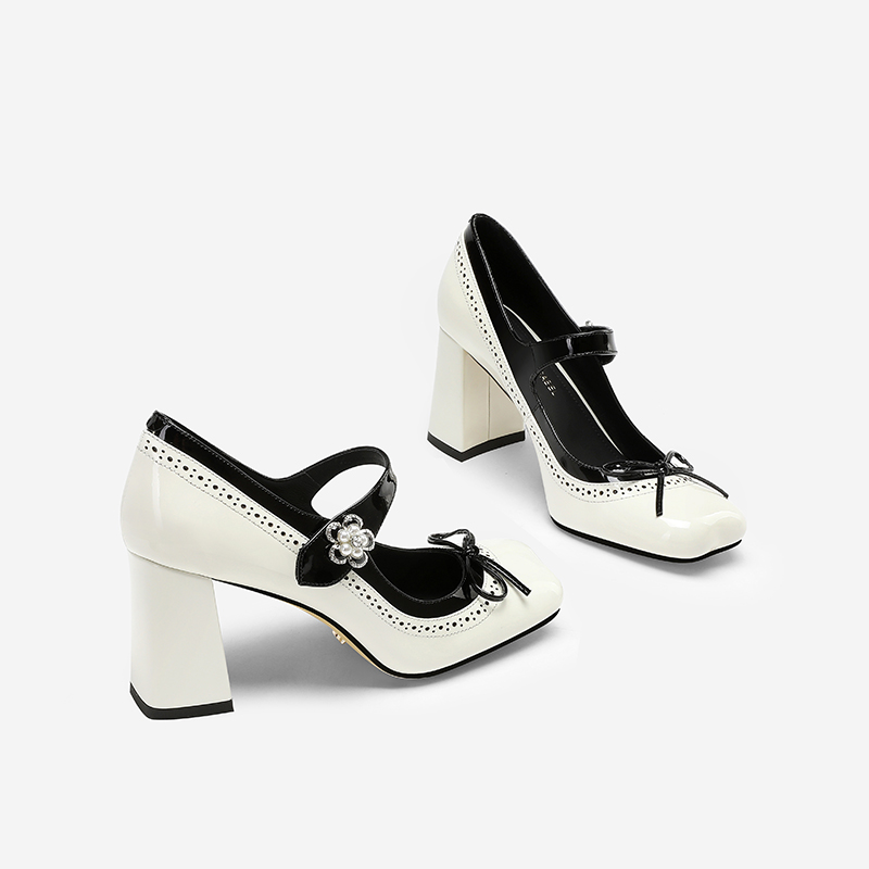 粗跟漆皮玛丽珍鞋女2025新款单鞋miu系复古浅口仙女风高跟小皮鞋