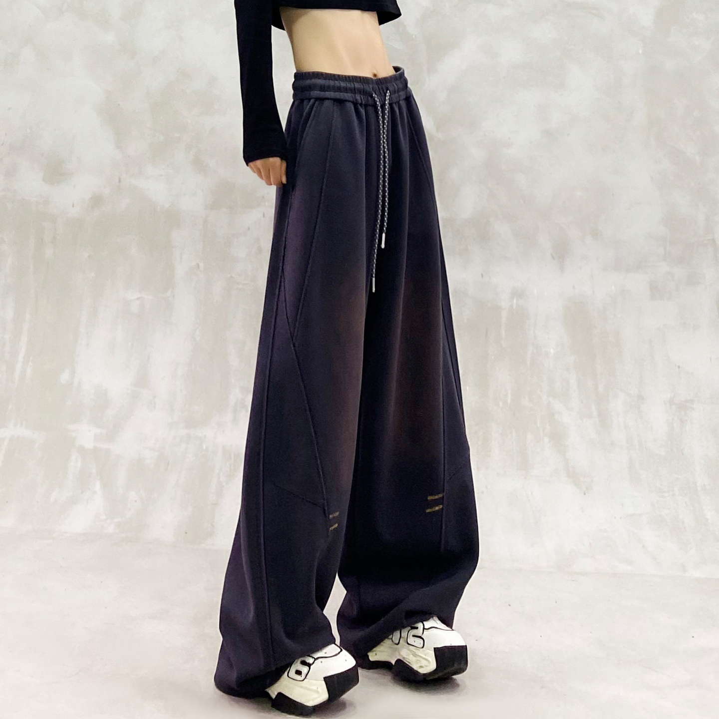 帅气侧边拼接设计休闲弯刀裤女秋新款高腰宽松显瘦百搭直筒香蕉裤