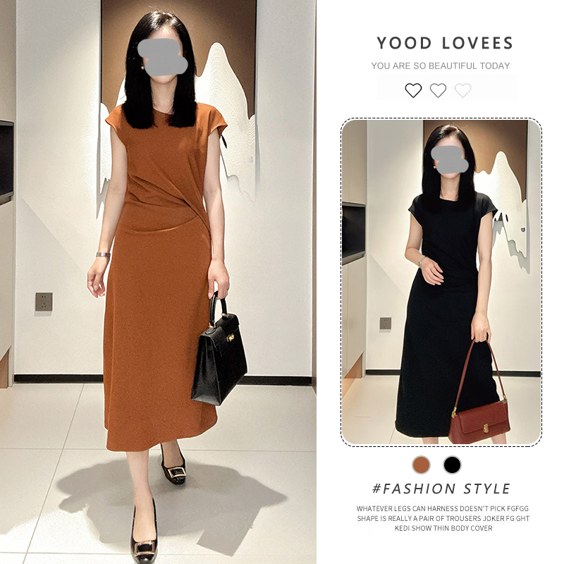 法式气质t恤连衣裙女夏季2025新款高级感收腰显瘦飞飞袖直筒长裙