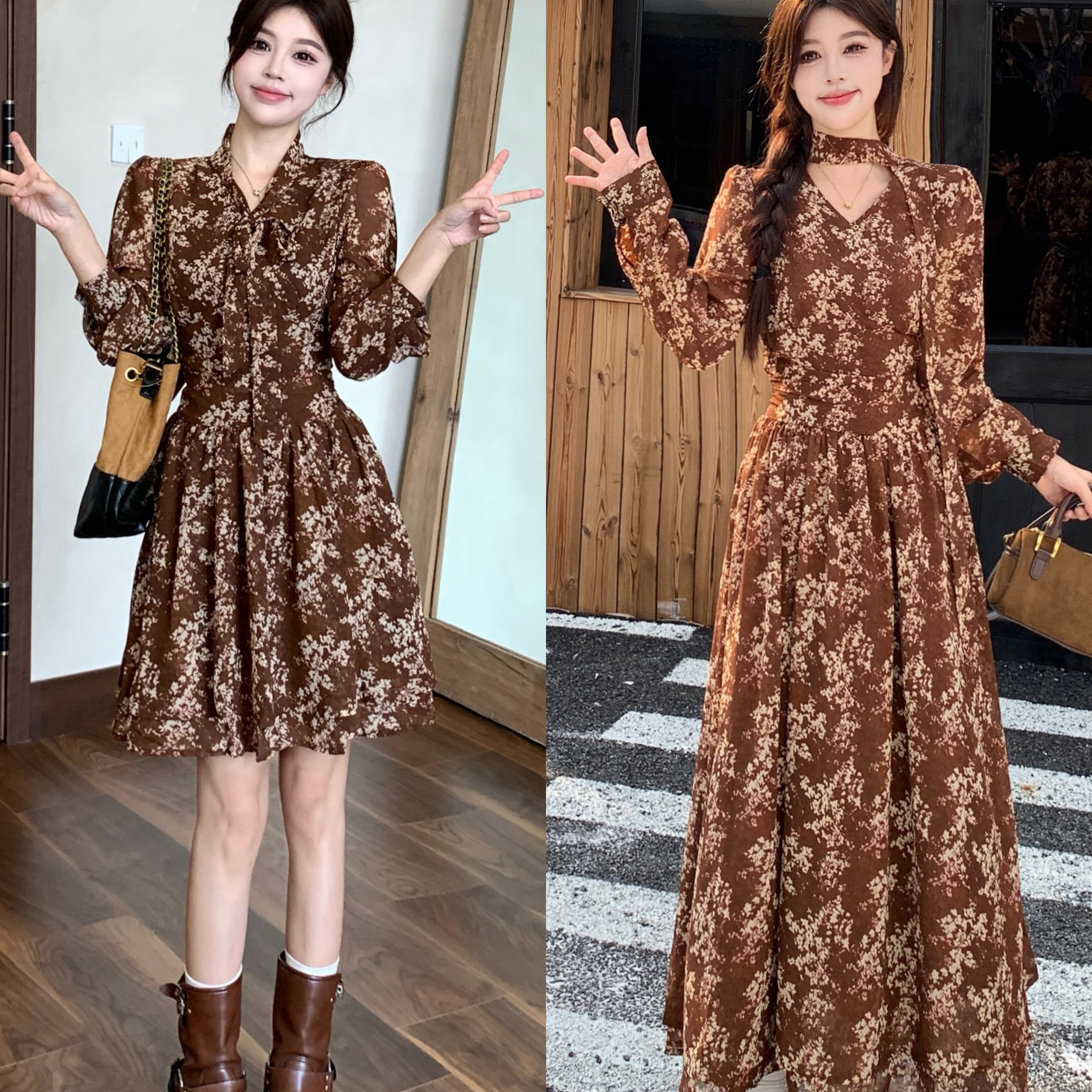 大码2025秋冬新款茶歇法式气质老钱风碎花连衣裙子显瘦百搭长裙女