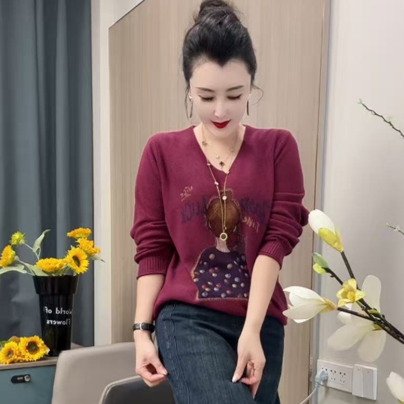 28716针织衫V领长袖女毛针织衫厚款套头款V领针织妈妈印花