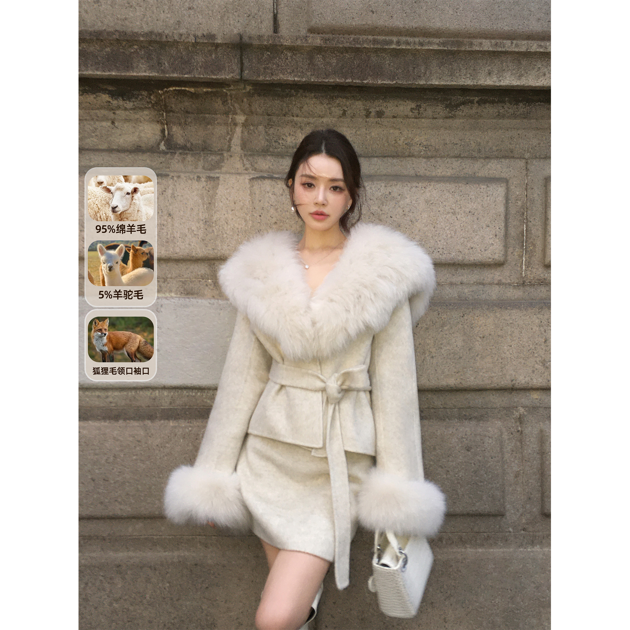 冯薪颖【狐绒映雪】狐狸毛领＆羊毛秋冬毛呢外套大衣+短裙Q510183