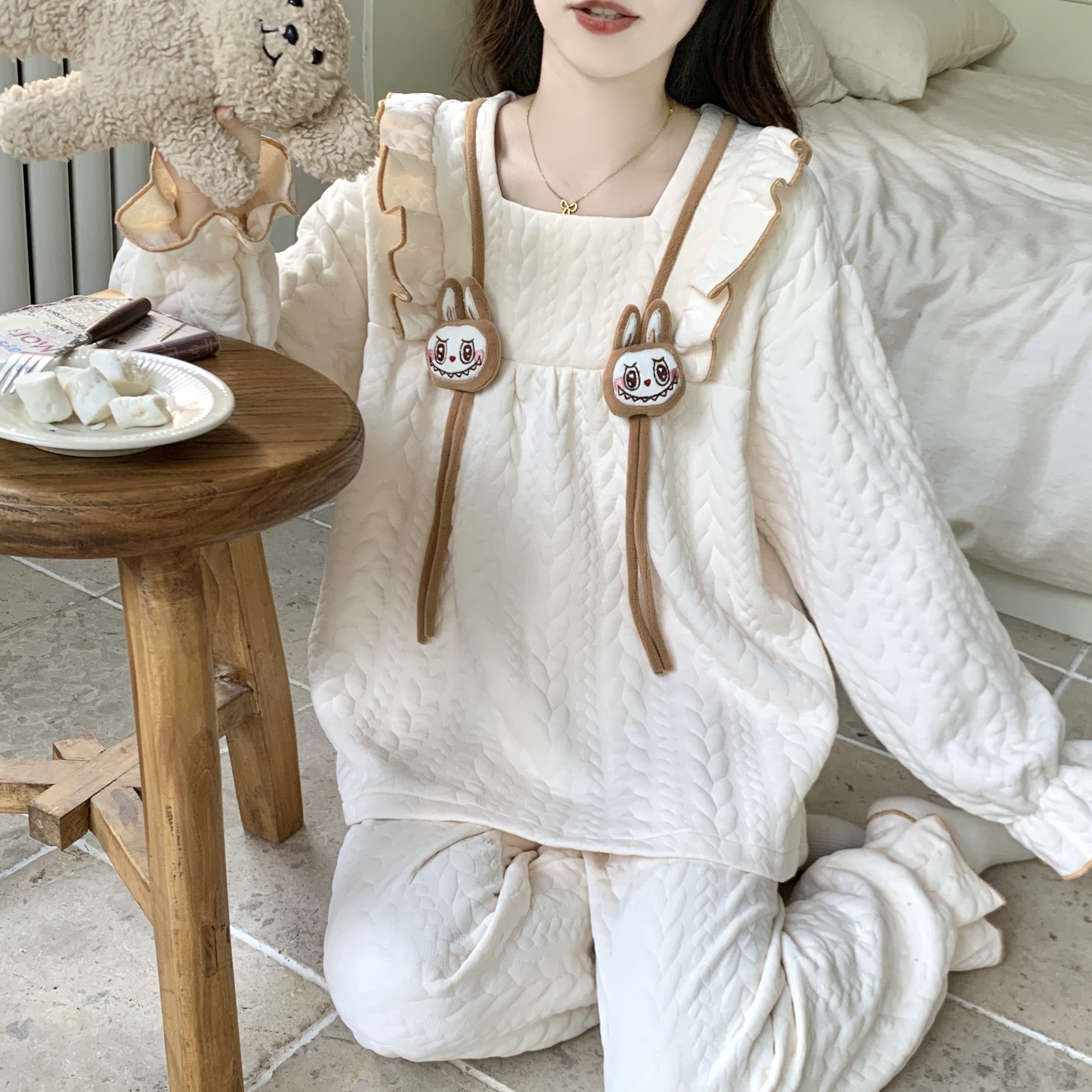 加厚空气棉夹层睡衣女秋冬季甜美可爱公主风少女保暖可外穿家居服