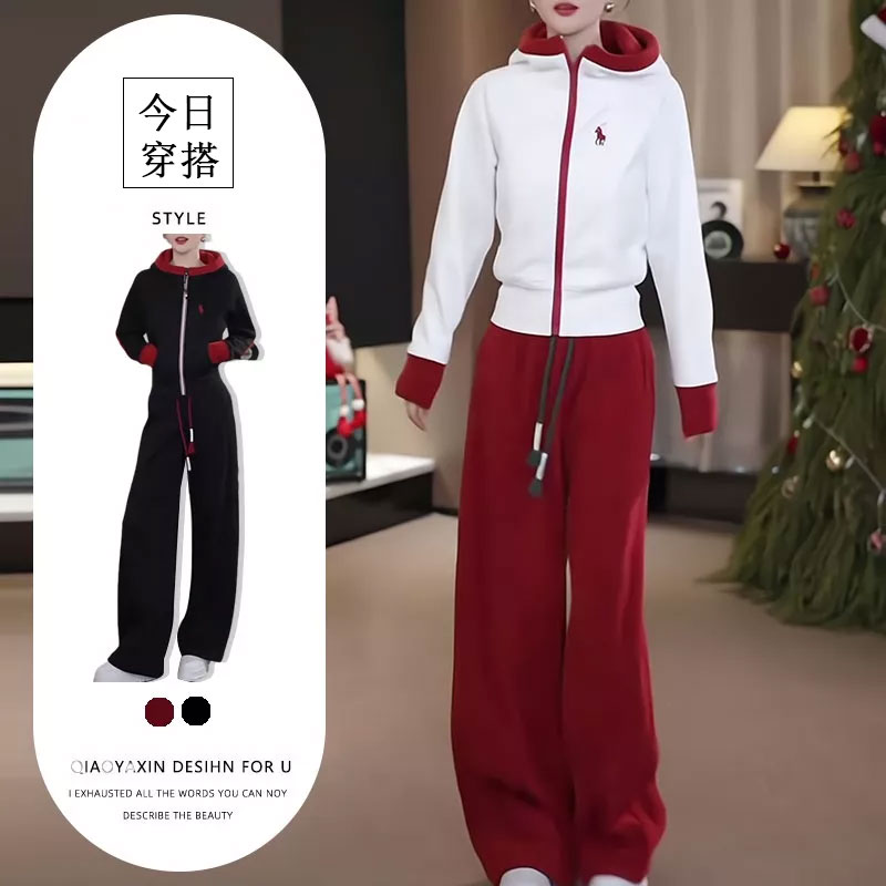 欧货圣诞风运动套装女2025冬季新款加绒连帽卫衣外套阔腿裤两件套