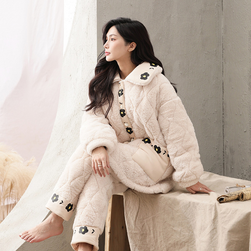 2025冬季新款加厚夹棉保暖舒适时尚翻领毛绒睡衣加大码家居服套装