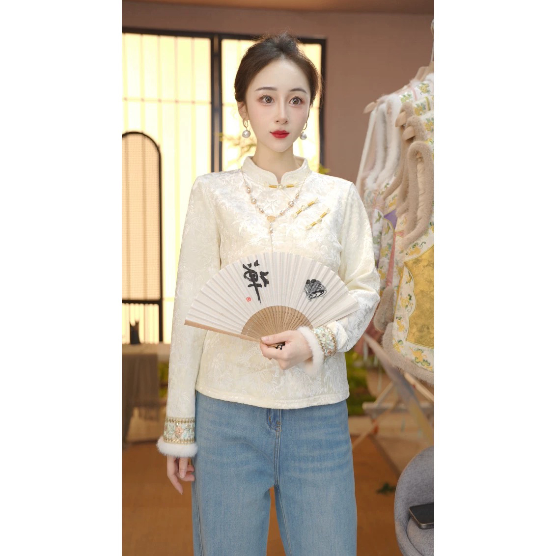 秋冬季新款中式提花精致百搭上衣打底091-2