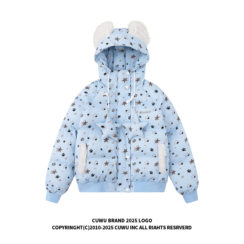 cuwu美式复古满印星星毛绒熊耳朵连帽棉服女冬季加厚短款棉衣外套