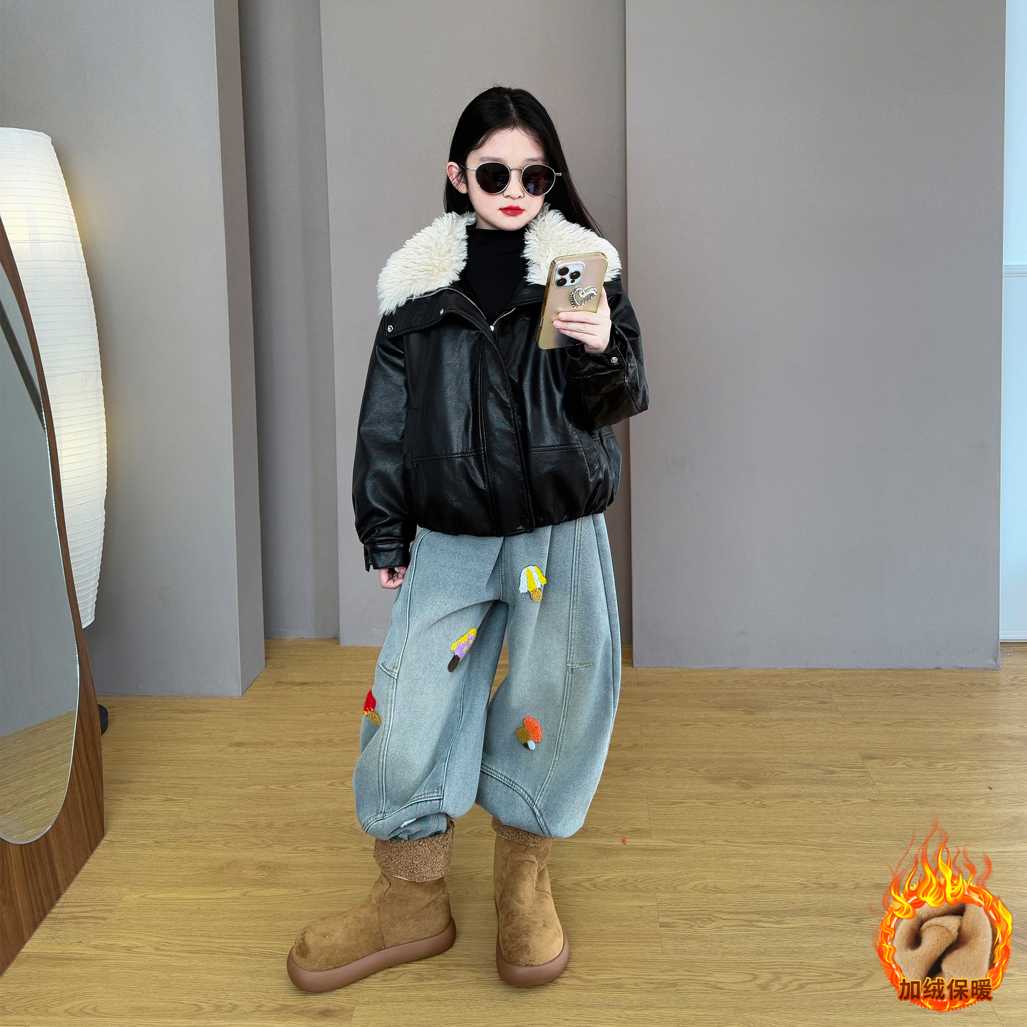 女童2025新款秋冬季韩系时尚加绒加厚皮外套保暖加绒牛仔裤套装潮