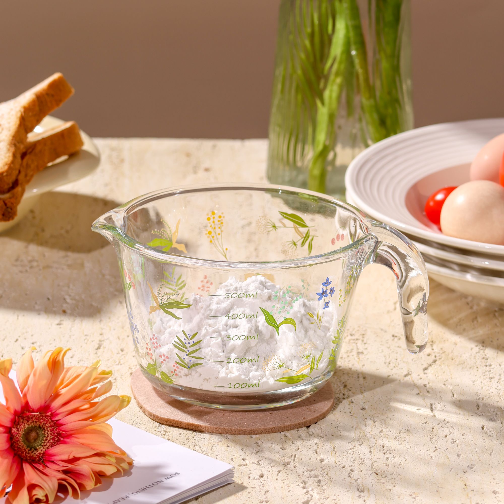 【两只】芬芳夏日玻璃吸量杯500ml带刻度大容量家用耐高温带把