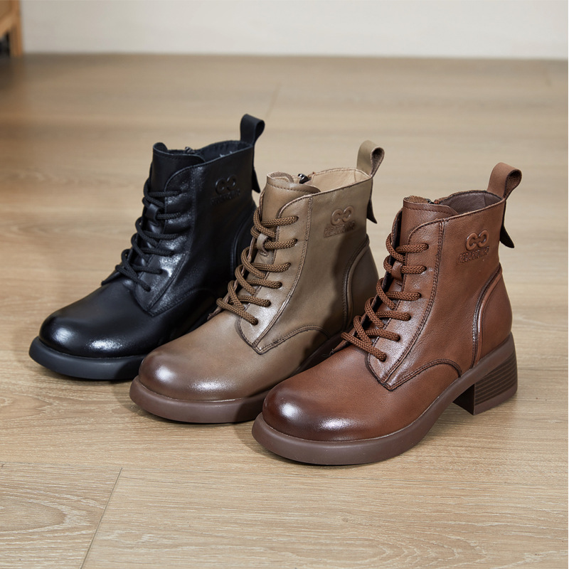 增高5cm头层牛皮短靴6孔马丁靴粗跟厚底靴子女短靴真皮马丁靴冬季