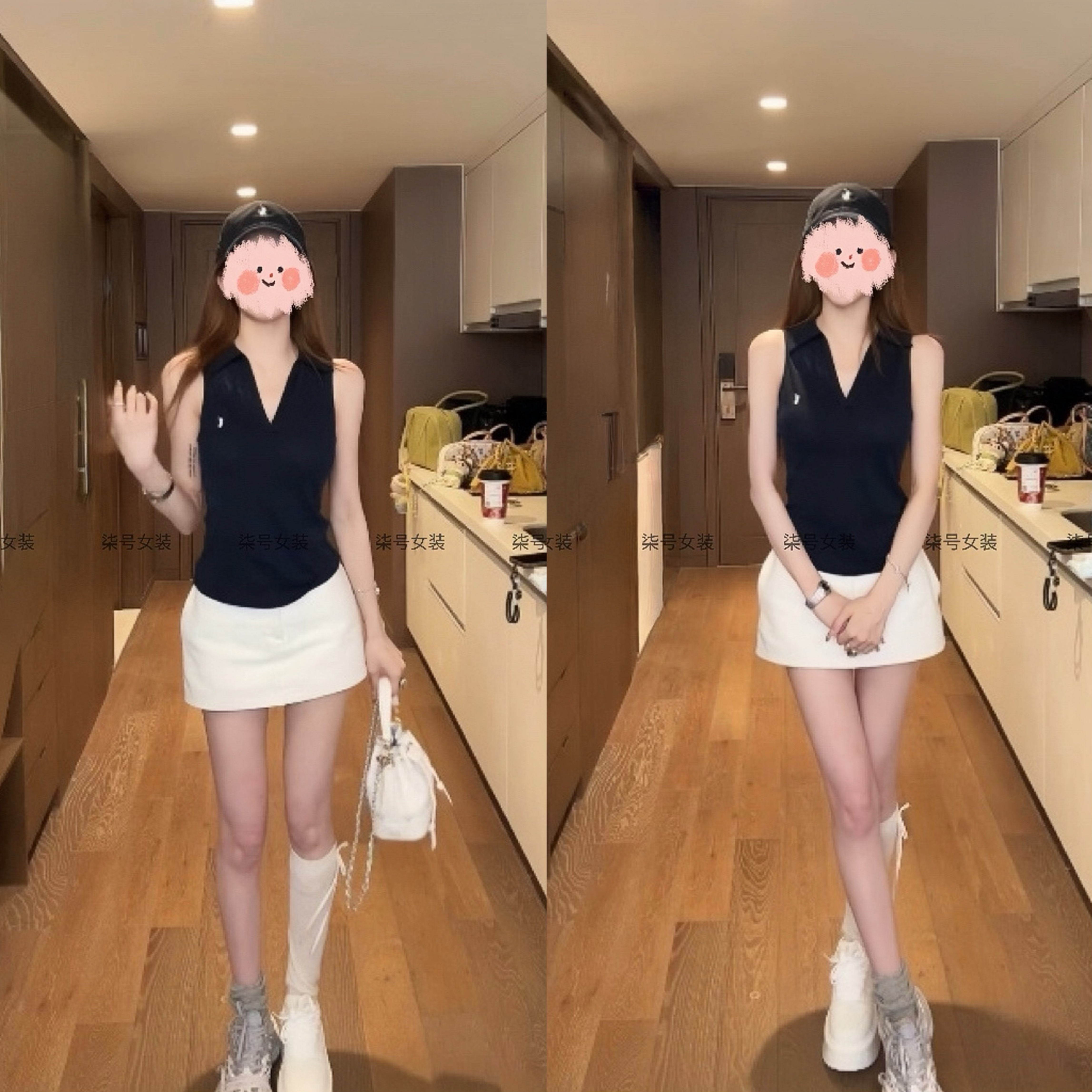 2025夏季时尚气质无袖polo背心上衣+高腰显瘦包臀a字短裙裤套装女