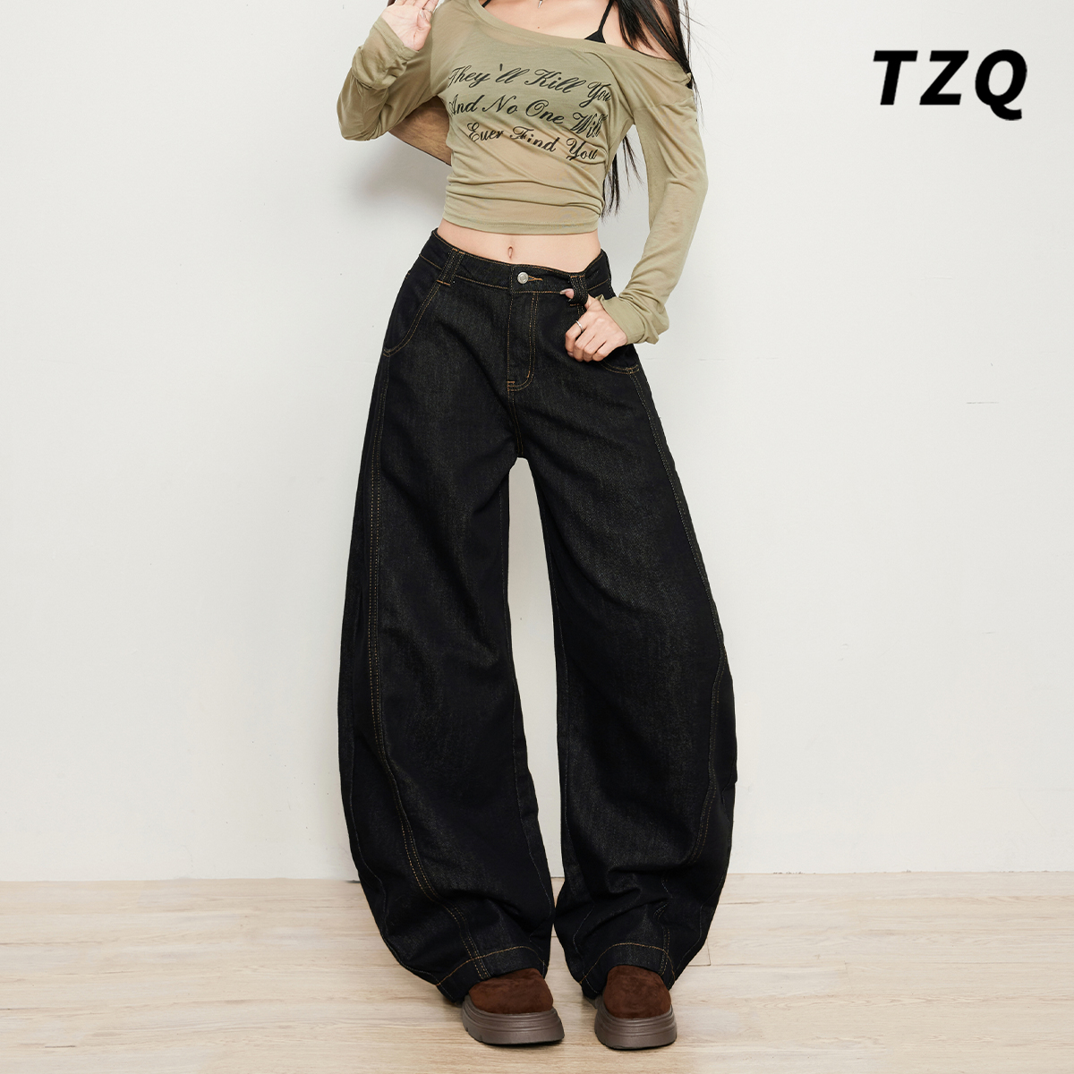 小个子美式复古阔腿牛仔裤女秋季高腰宽松显瘦弯刀裤子TZQ2590131