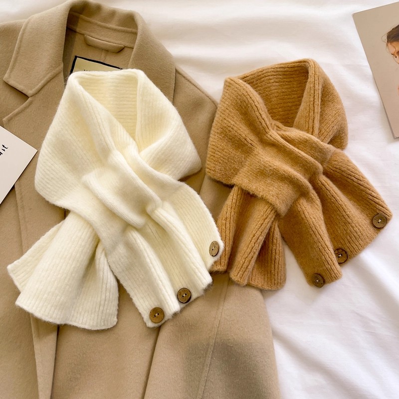 围巾小巧护颈针织毛线女生秋冬纯色短交叉围脖保暖小个子毛绒软糯