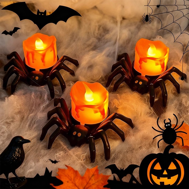 万圣节南瓜灯儿童发光蜘蛛骷髅电子蜡烛摆件酒吧橱窗场景布置装饰