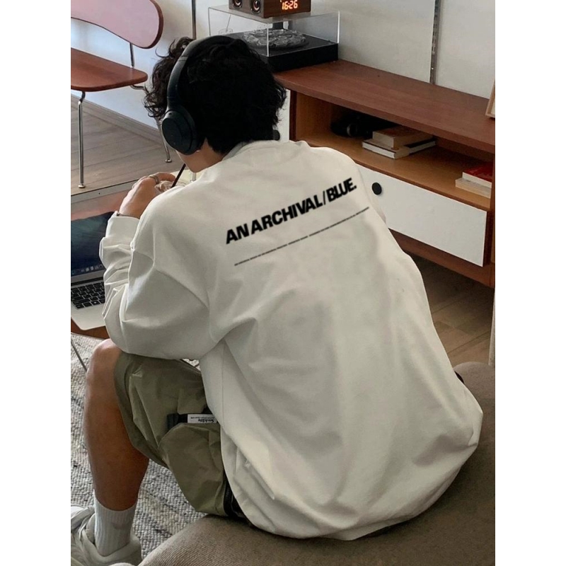 280g重磅纯棉螺口长袖T恤男休闲复古小众宽松印花设计感炸街ins