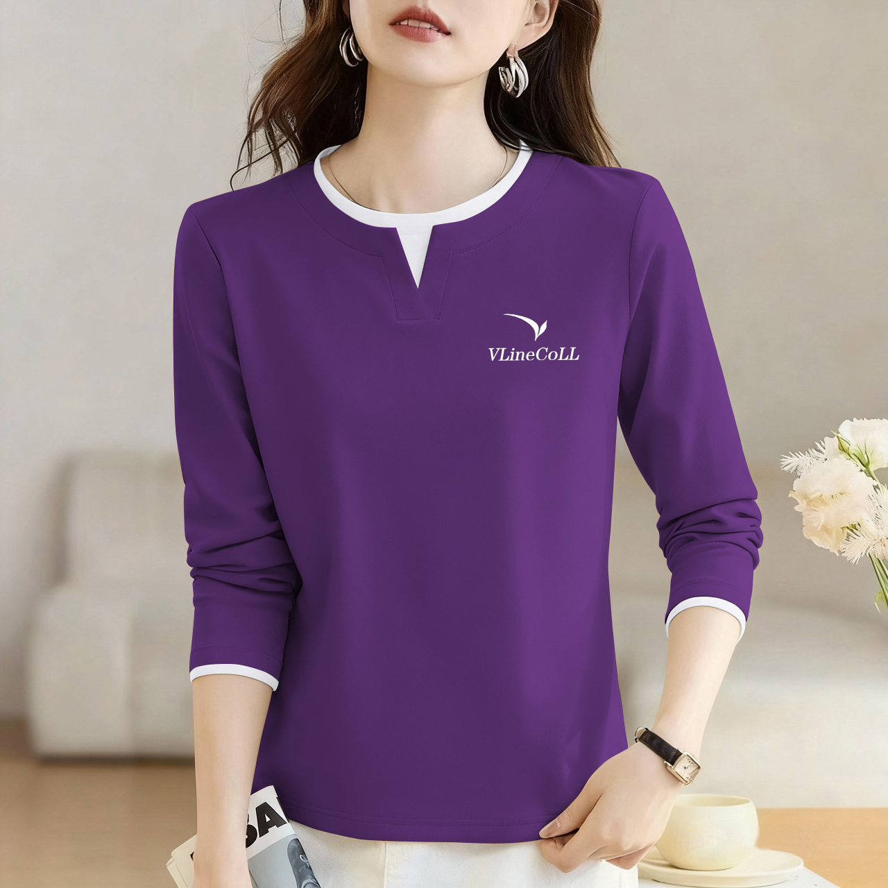 纯棉长袖T恤女秋季新款时尚百搭拼接假两件小v领设计显瘦圆领上衣