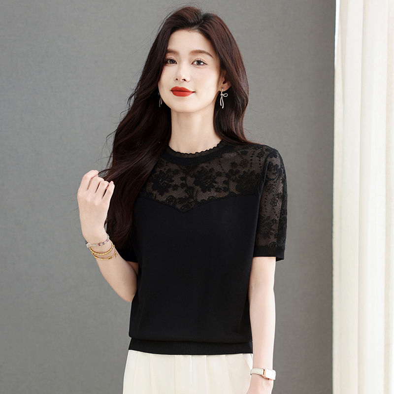 哥弟阿玛施正蕾丝冰丝短袖女圆领新款妈妈夏季桑蚕丝t恤薄款上衣