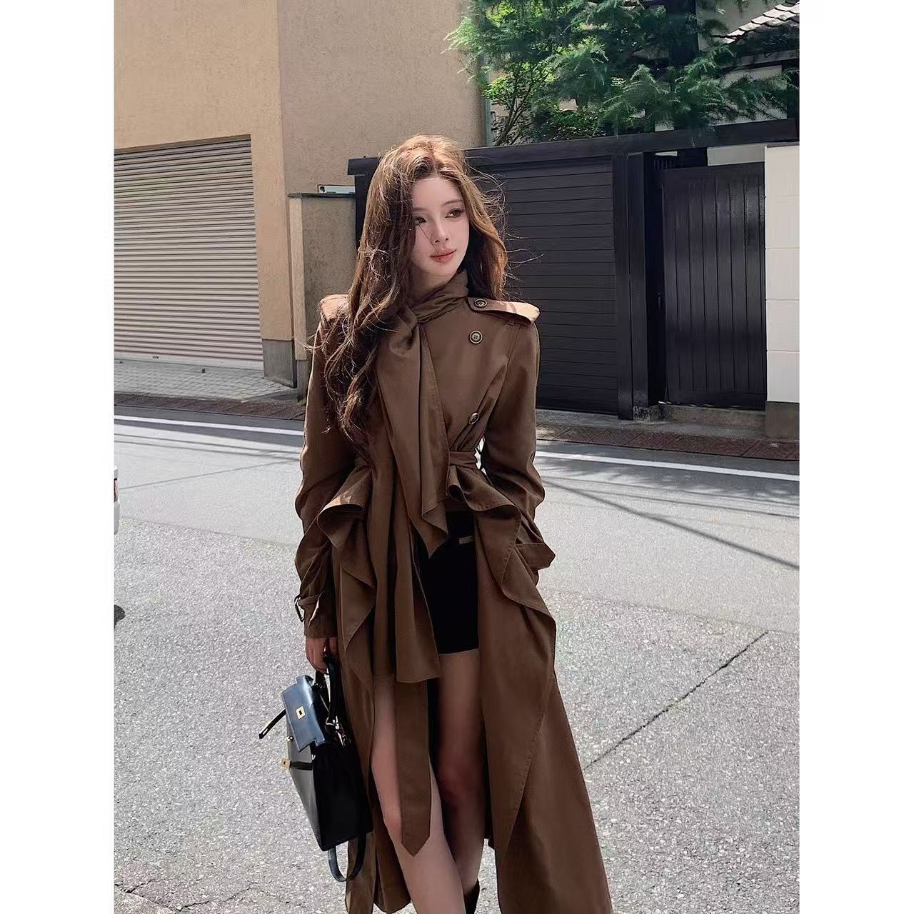 风衣外套女秋季高级感法式名媛不规则设计感双排扣收腰中长款大衣