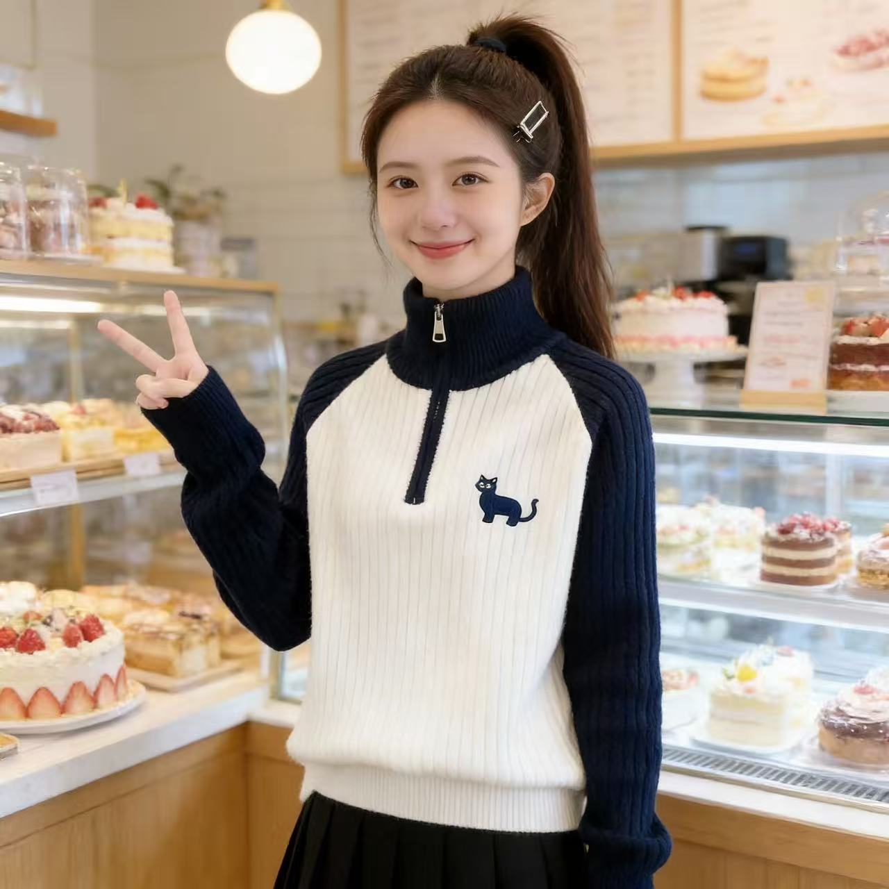 12岁中学生立领撞色半拉链毛衣13女生秋冬季15大童加厚打底针织衫