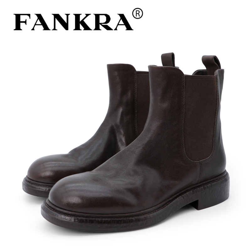 超软真皮手工烟筒靴女秋冬圆头褶皱马丁靴复古做旧粗跟切尔西短靴