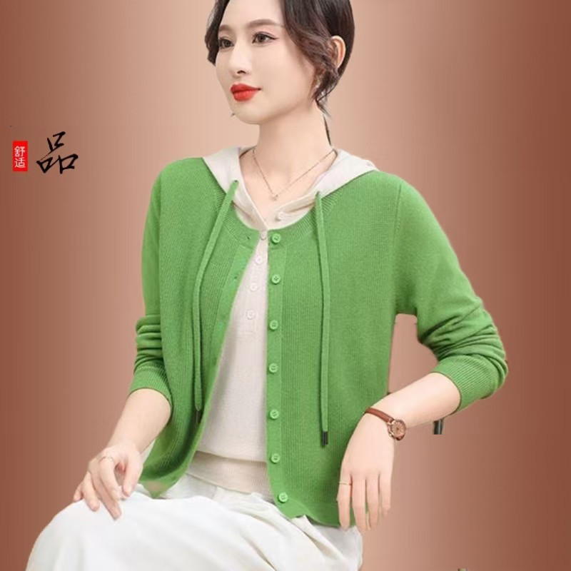 洋气时尚宽松款春秋新款假两件针织羊毛衫连帽开衫女上衣宽松毛衣