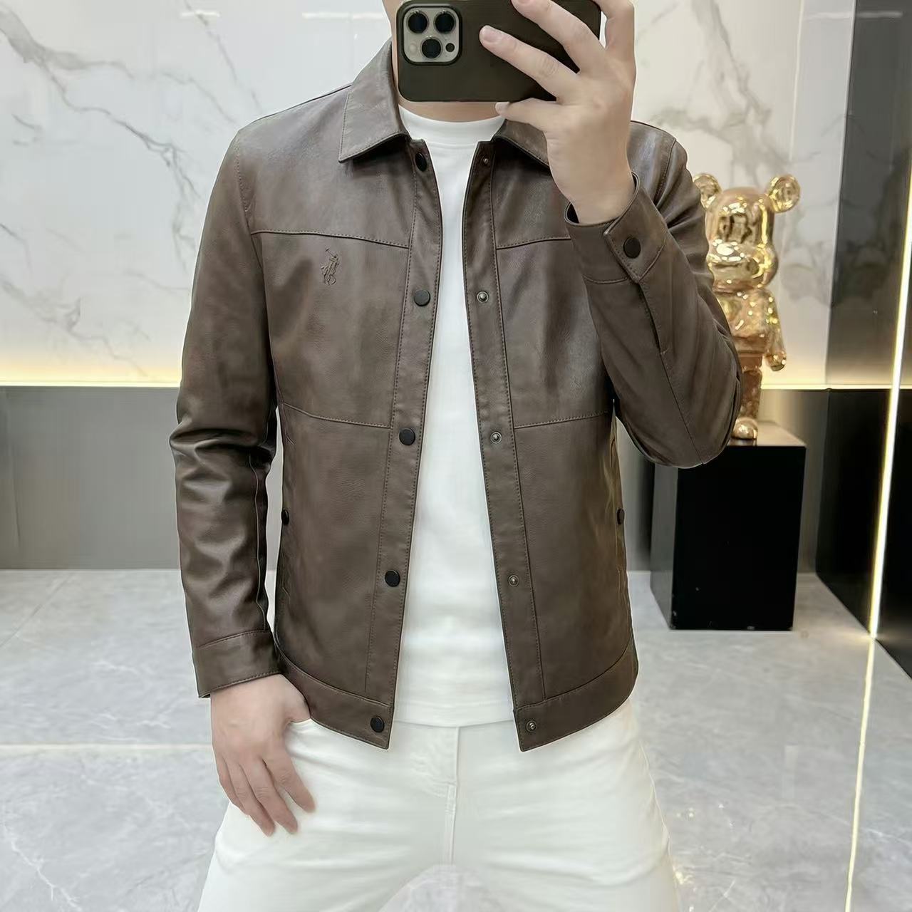 男士秋冬新款加绒加厚复古软皮机车夹克外套翻领修身时尚百搭上衣