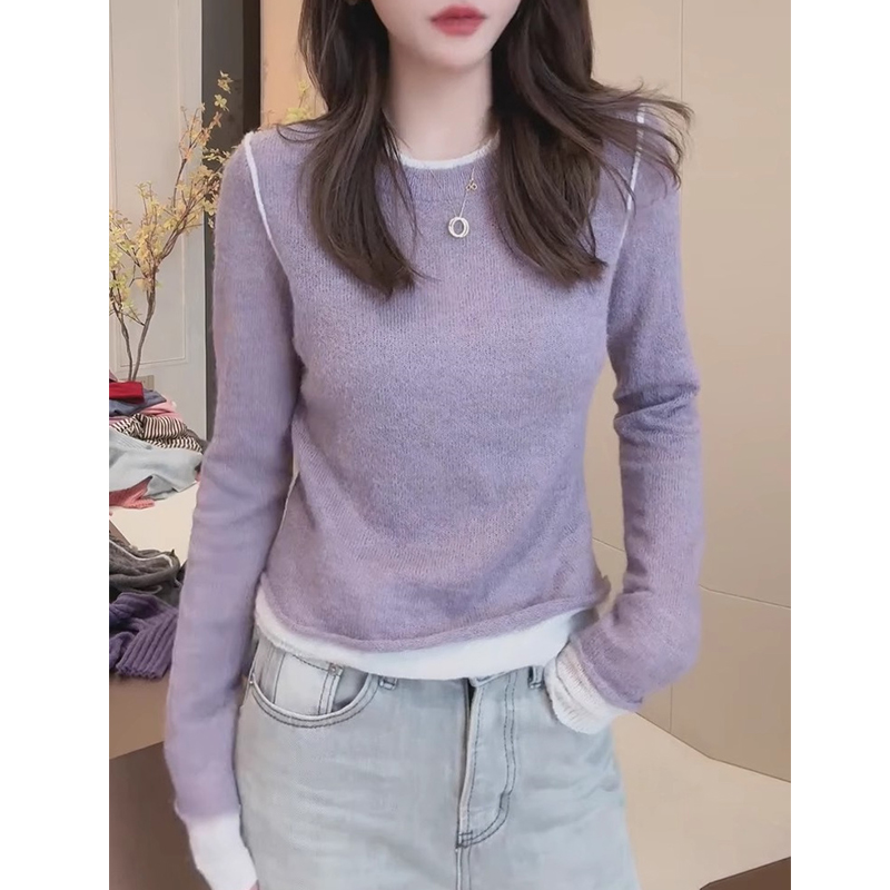 撞色假两件毛衣针织衫女秋季甜美减龄显瘦套头打底衫气质长袖上衣