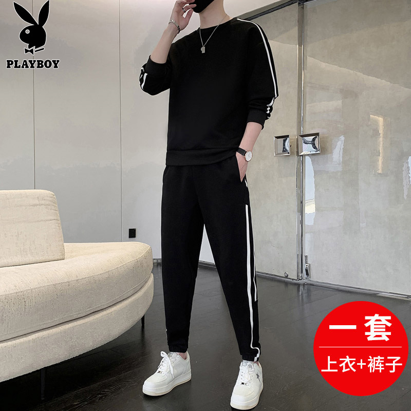 花花公子休闲运动套装男士春秋季新款宽松圆领条纹潮流束脚两件套