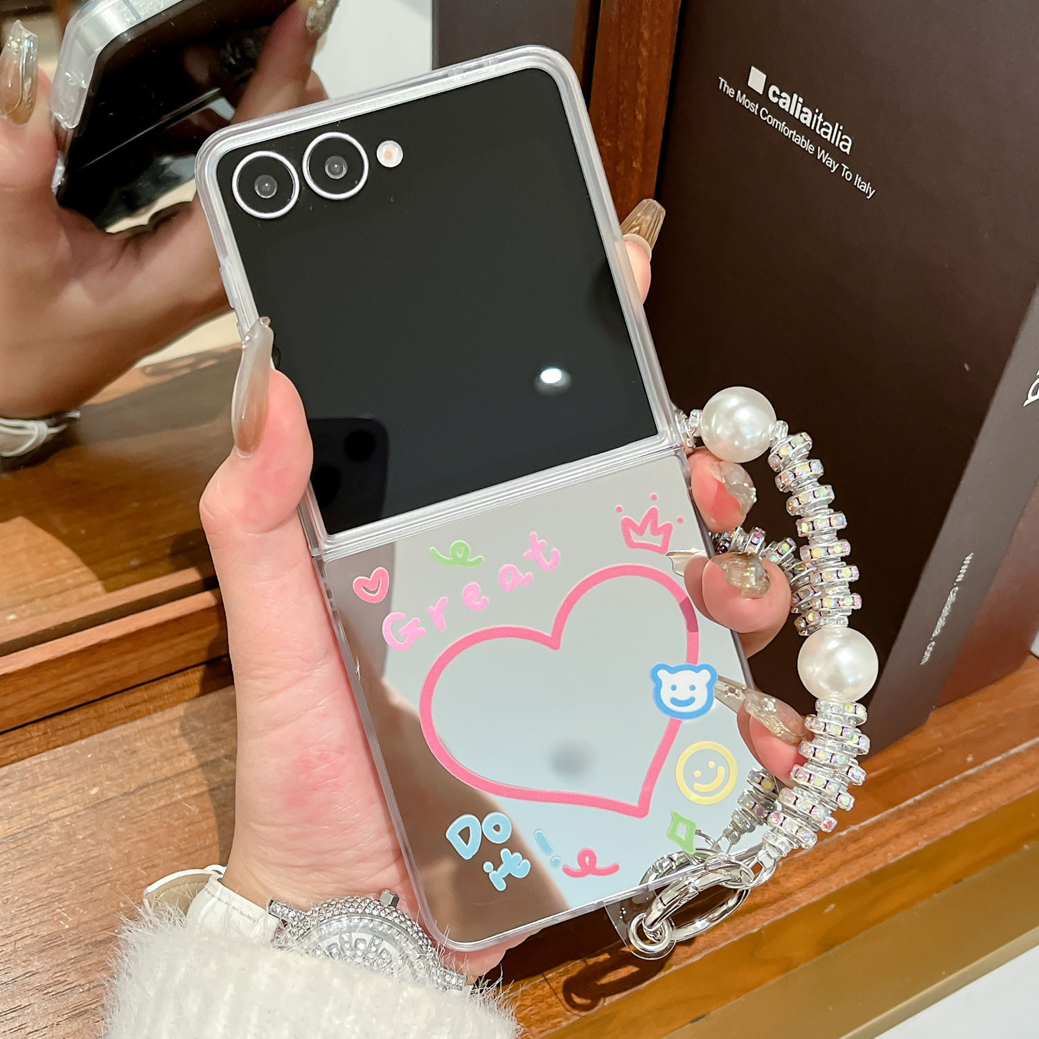 适用三星GalaxyZ Flip7手机壳镜面爱心Flip6折叠手链女款保护套
