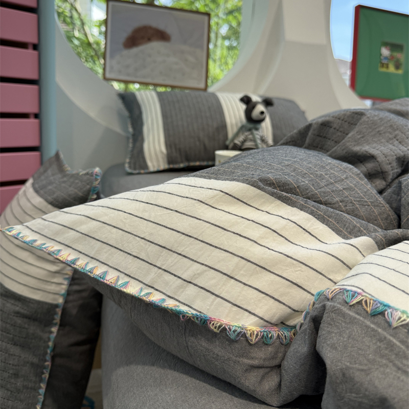 易安阁ins风少女心水洗棉彩边条纹灰色四件套1.5m1.8米被套宿舍