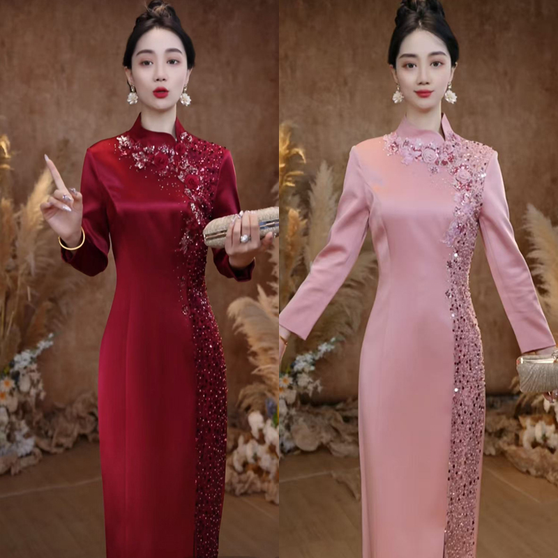 改良旗袍中国风时尚气质妈妈喜婆婆嫁女儿长袖钉珠减龄婚礼连衣裙